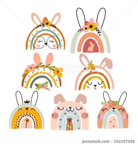 Happy Easter kids bunny rainbows collection. Vector illustration.  102287088