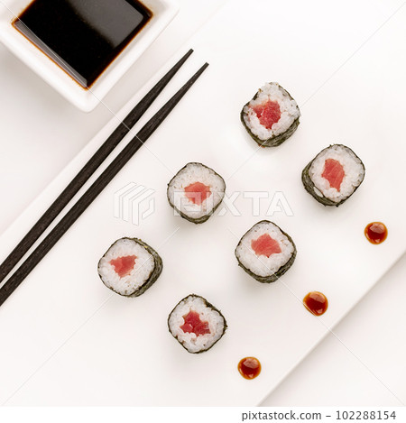 Assorted Japanese sushi roll set on white background. Sushi menu