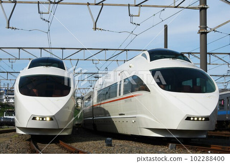 Odakyu Electric Railway 50000 series of two trains lined up at the depot 102288400
