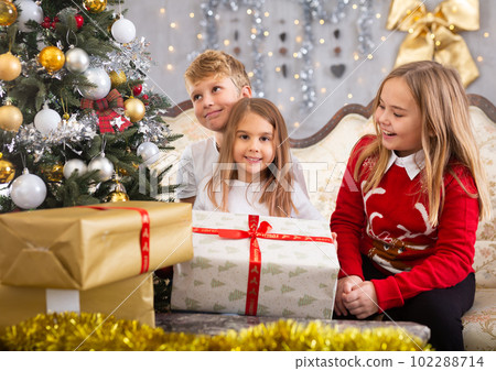 Two girls and boy holding gift in Christmas interior Two girls and boy holding gift in Christmas interior 102288714
