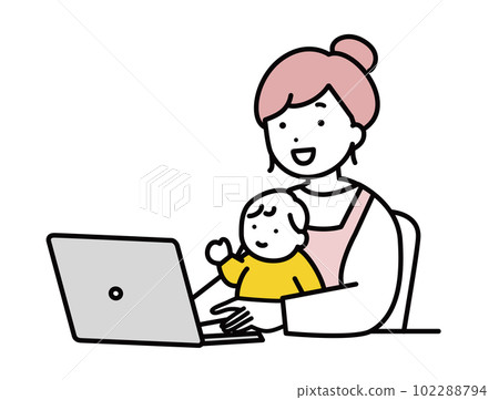 Illustration material of a woman holding a baby and working from home 102288794