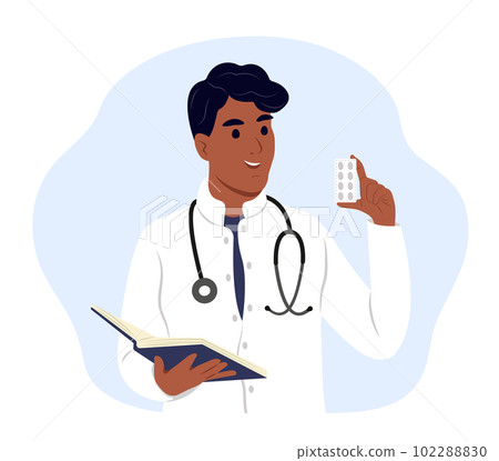 Doctor black with medicine. A doctor writes a prescription. Doctor black with medicine. A doctor writes a prescription. 102288830