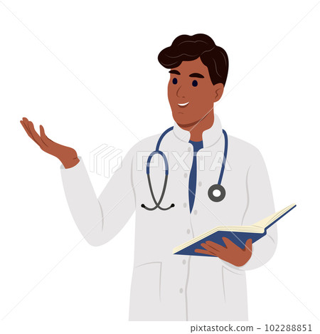Happy doctor is talking explaining something, gesturing with hand. A doctor in a medical gown. Happy doctor is talking explaining something, gesturing with hand. A doctor in a medical gown. 102288851