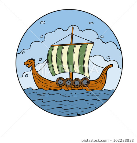 Viking boat at sea. Nordic Drakkar, Swedish warship. Longship with oars. Cartoon scandinavian sailboat Viking boat at sea. Nordic Drakkar, Swedish warship. Longship with oars. Cartoon scandinavian sailboat 102288858
