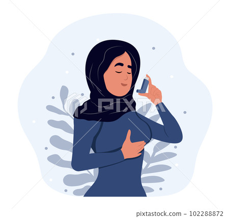 Person uses an asthma inhaler against an allergic attack. Bronchial asthma. Allergy, asthmatic. Inhalation drug. World Asthma Day. 102288872