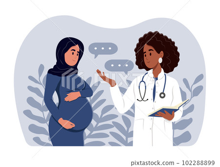 Muslim woman expecting a baby visits the doctors office, examination during pregnancy. A pregnant woman is talking to an obstetrician gynecologist. Muslim woman expecting a baby visits the doctors office, examination during pregnancy. A pregnant woman is talking to an obstetrician gynecologist. 102288899