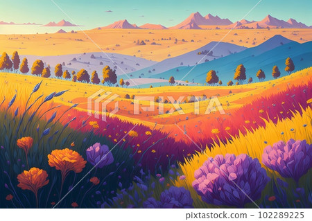 Rural landscape, a field of wildflowers. AI generated illustration 102289225