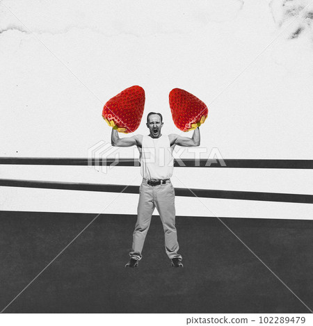Contemporary art collage with screaming man doing sport exercise and using strawberries like dumbbells over black and white background 102289479