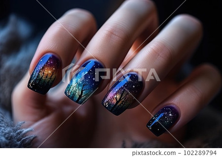 Aurora northern lights Woman nail art design detail illustration generative ai 102289794