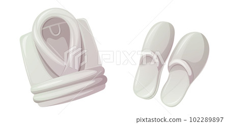 White folded bathrobe and slippers. Comfortable clothes for the spa, after taking a bath. Concept for self-care. Trendy vector illustration. 102289897