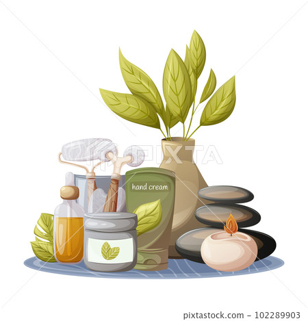 Accessories for self-care and relaxation. Cream for body, face and hand, balance of spa stones, glass cup with gua sha tools, oil serum, burning candle. Health and beauty. Trendy vector illustration Accessories for self-care and relaxation. Cream for body, face and hand, balance of spa stones, glass cup with gua sha tools, oil serum, burning candle. Health and beauty. Trendy vector illustration 102289903