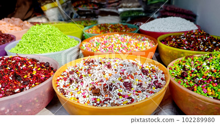 Colorful ingredients of Varanasi Paan that is sweet betel of banaras, India Colorful ingredients of Varanasi Paan that is sweet betel of banaras, India 102289980