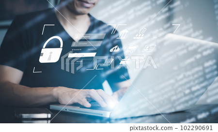 Hand using laptop with scan the protection system cyber security, Login, User, identification information security and encryption, secure access to user's personal information, secure Internet access 102290691
