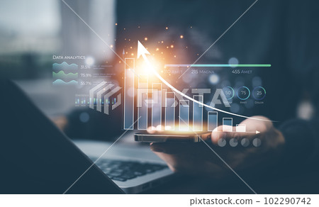 Changes in new planning and cryptocurrency concept, Businessman analyzes performance profitability of working companies with digital augmented reality graphics, positive indicators in 2023, 102290742