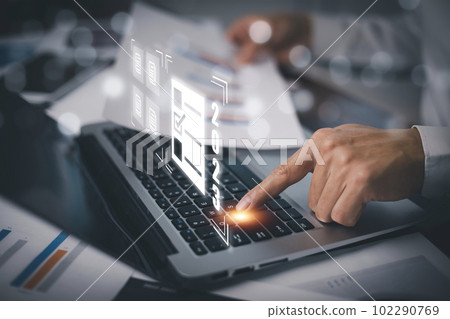 Concept Working and planning New year 2023, man using laptop and Smartphone with folder of document Management System, online documentation database, Business management 102290769