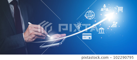 Startup arrow concept with icon business and network connection on modern virtual interface from digital tablet.Businessman Touching tablet and graph Screen Icon of media screen, Technology Process 102290795