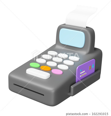 3d payment machine or pos terminal float with credit card, electronic bill payment, invoice or paper check receipt isolated. 3d render illustration 102291015