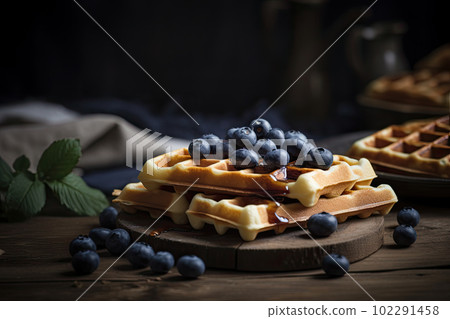 ffles with blueberries on wooden table. AI generative. ffles with blueberries on wooden table. AI generative. 102291458