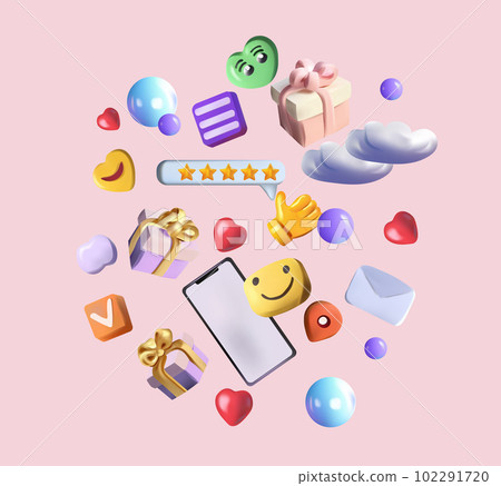 Innovative 3D concept for a virtual social networking platform. Emojis, comments, hearts, thumbs up and gift box. Concept communication applications. Vector 102291720