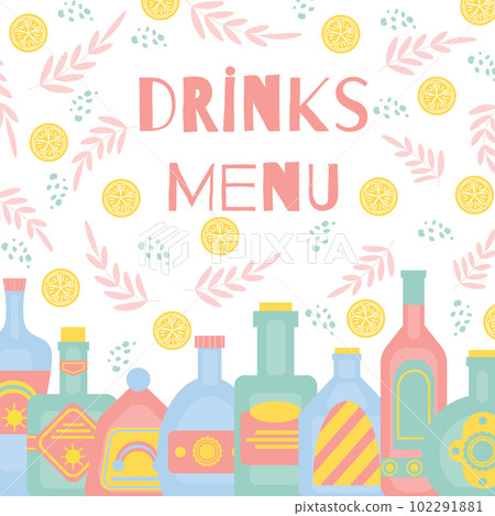 Bar menu concept with different bottles of alcohol drinks. Party, pub, restoraunt or club banner. alcohol coctail. Vector illustration Bar menu concept with different bottles of alcohol drinks. Party, pub, restoraunt or club banner. alcohol coctail. Vector illustration 102291881