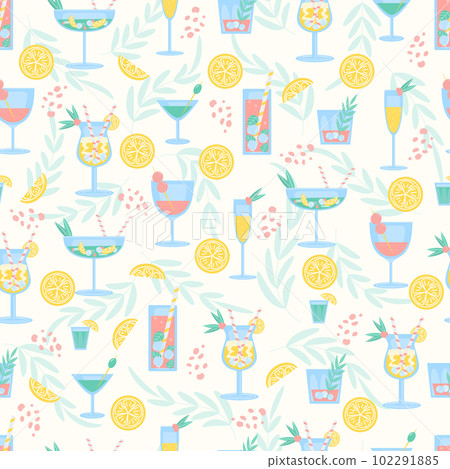 Seamless pattern with different summer cocktails. For party, pub, restoraunt or club menu, decoration or textil. fresh and cold alcohol coctail. Vector illustration. 102291885