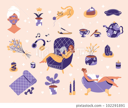Set of self care. Young woman read book, take a bath, make face mask. Nice routine, time for yourself, relax, slow ife, body and mental health. Flat vector illustration in trendy colors Set of self care. Young woman read book, take a bath, make face mask. Nice routine, time for yourself, relax, slow ife, body and mental health. Flat vector illustration in trendy colors 102291891