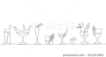 Cocktails set in trendy one continuous line art style. Party, pub, restoraunt, club element for prints, textile, posters,cards etc. fresh and cold alcohol coctail. Vector linear abstract illustration 102291892