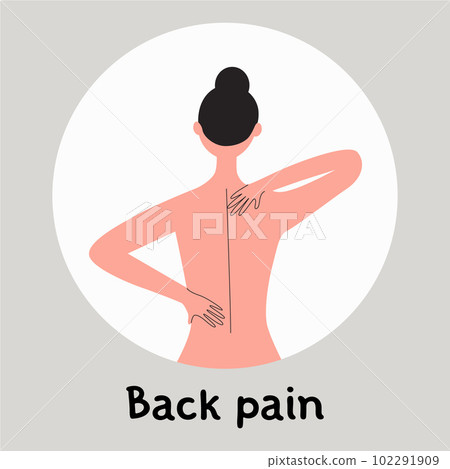 Young woman suffering from chronick back pain. Backache concept. Healthcare flat vector medical illustration Young woman suffering from chronick back pain. Backache concept. Healthcare flat vector medical illustration 102291909