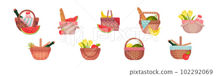 Wicker Picnic Basket or Hamper Full with Foodstuff Vector Set Wicker Picnic Basket or Hamper Full with Foodstuff Vector Set 102292069