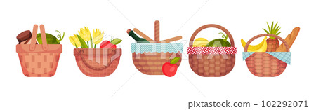 Wicker Picnic Basket or Hamper Full with Foodstuff Vector Set 102292071