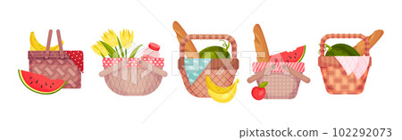 Wicker Picnic Basket or Hamper Full with Foodstuff Vector Set 102292073