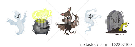 Halloween with Creepy Ghost, Boiling Cauldron, Bat and Tomb Vector Set 102292109