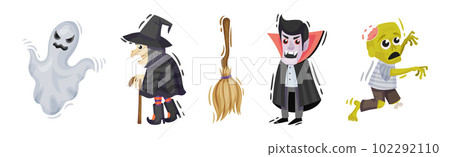 Halloween with Creepy Ghost, Witch, Broom, Vampire and Zombie Vector Set 102292110
