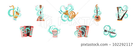 Musical Instruments Twisted with Decorative Swirling Line and Note Vector Set Musical Instruments Twisted with Decorative Swirling Line and Note Vector Set 102292117