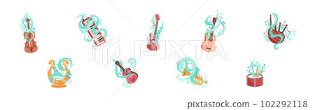 Musical Instruments Twisted with Decorative Swirling Line and Note Vector Set Musical Instruments Twisted with Decorative Swirling Line and Note Vector Set 102292118