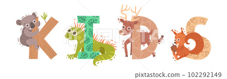Kids Animal Word with Alphabet Capital Letters and Funny Mammal Vector Inscription 102292149