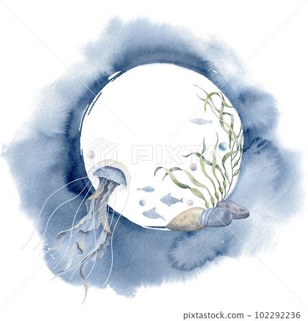 Marine Wreath with jellyfish and watercolor abstract spot. Hand drawn ocean illustration of underwater round frame with fishes and seaweed on isolated white background. Sea background for icon or logo Marine Wreath with jellyfish and watercolor abstract spot. Hand drawn ocean illustration of underwater round frame with fishes and seaweed on isolated white background. Sea background for icon or logo 102292236