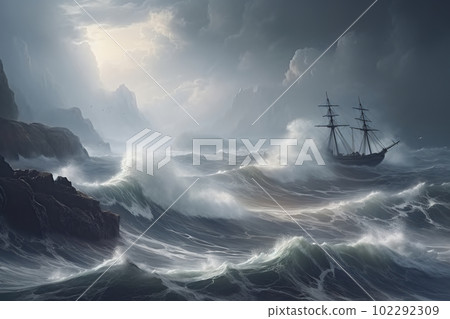 Shipwreck of an ancient wooden masted ship in a storm, in the style of oil painting, Generated by Ai 102292309