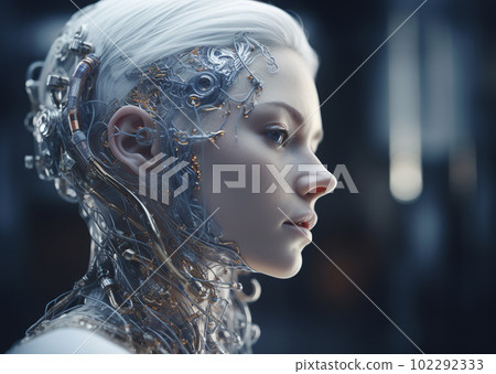 Portrait the work of a cyborg with the appearance of a beautiful blonde with blue eyes is completely generated by Ai 102292333