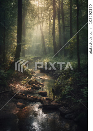 A small river flowing through the forest, forest landscape, Generated by Ai 102292350