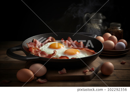 Fried eggs with bacon in a hot frying pan stands on a wooden table, the image is completely generated by Ai Fried eggs with bacon in a hot frying pan stands on a wooden table, the image is completely generated by Ai 102292356