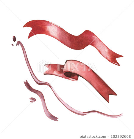 Set red silk ribbon isolated on white background. Watercolor hand drawn illustration. Art for decoration, greeting card 102292608