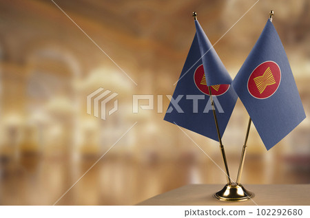 Small flags of the ASEAN on an abstract blurry background 102292680