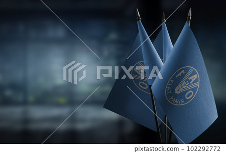 Small flags of the Food and agriculture organization on an abstract blurry background Small flags of the Food and agriculture organization on an abstract blurry background 102292772