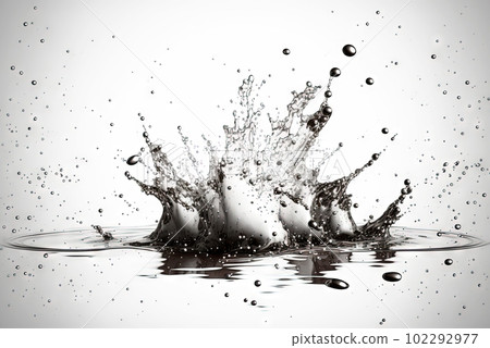 Water splash with beautiful drops flying away. Liquid motion background. Generated AI. 102292977