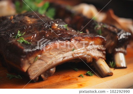 Juicy ribs barbeque served with green spices. Summer BBQ meal with tasty fresh meat on the rib bones. Generated AI. Juicy ribs barbeque served with green spices. Summer BBQ meal with tasty fresh meat on the rib bones. Generated AI. 102292990