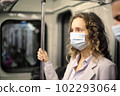 young woman in a protective mask standing in the subway car. 102293064