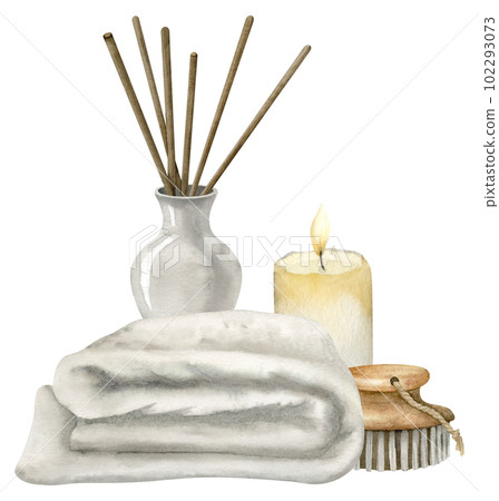 Spa cosmetic with towel and diffuser. Hand drawn watercolor illustration of bodycare products for massage on isolated white background. Drawing of skin care toiletries. Natural beauty eco composition. Spa cosmetic with towel and diffuser. Hand drawn watercolor illustration of bodycare products for massage on isolated white background. Drawing of skin care toiletries. Natural beauty eco composition. 102293073