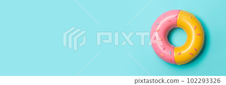 Inflatable pink and yellow donut ring floating on a blue banner. Generative AI illustration 102293326
