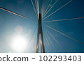 Suspension bridge support cables against a blue sky and sunbeam reflections 102293403